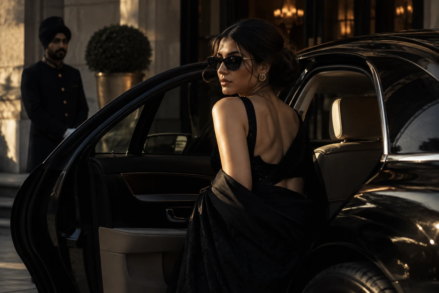 Fashion creator in sunglasses arriving in a luxury car