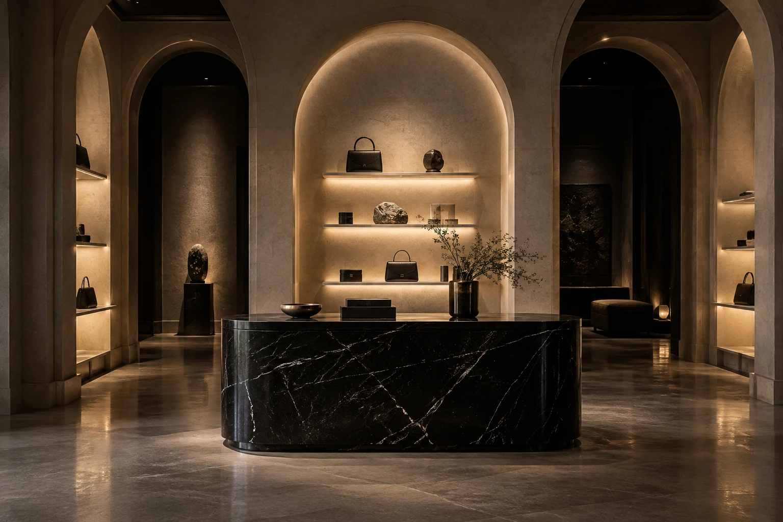 An arched luxury showroom with black marble displays