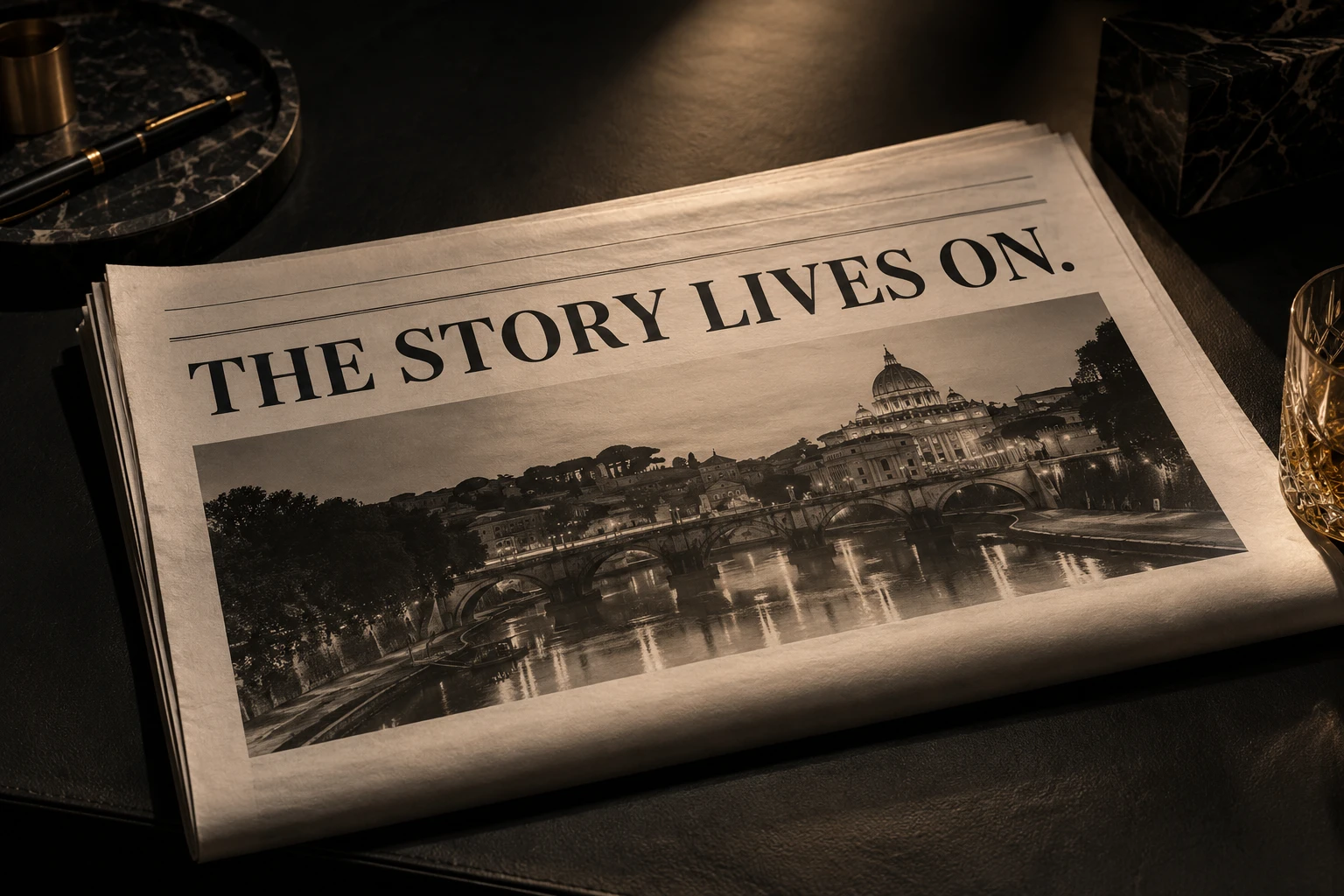 A newspaper carrying the headline The Story Lives On