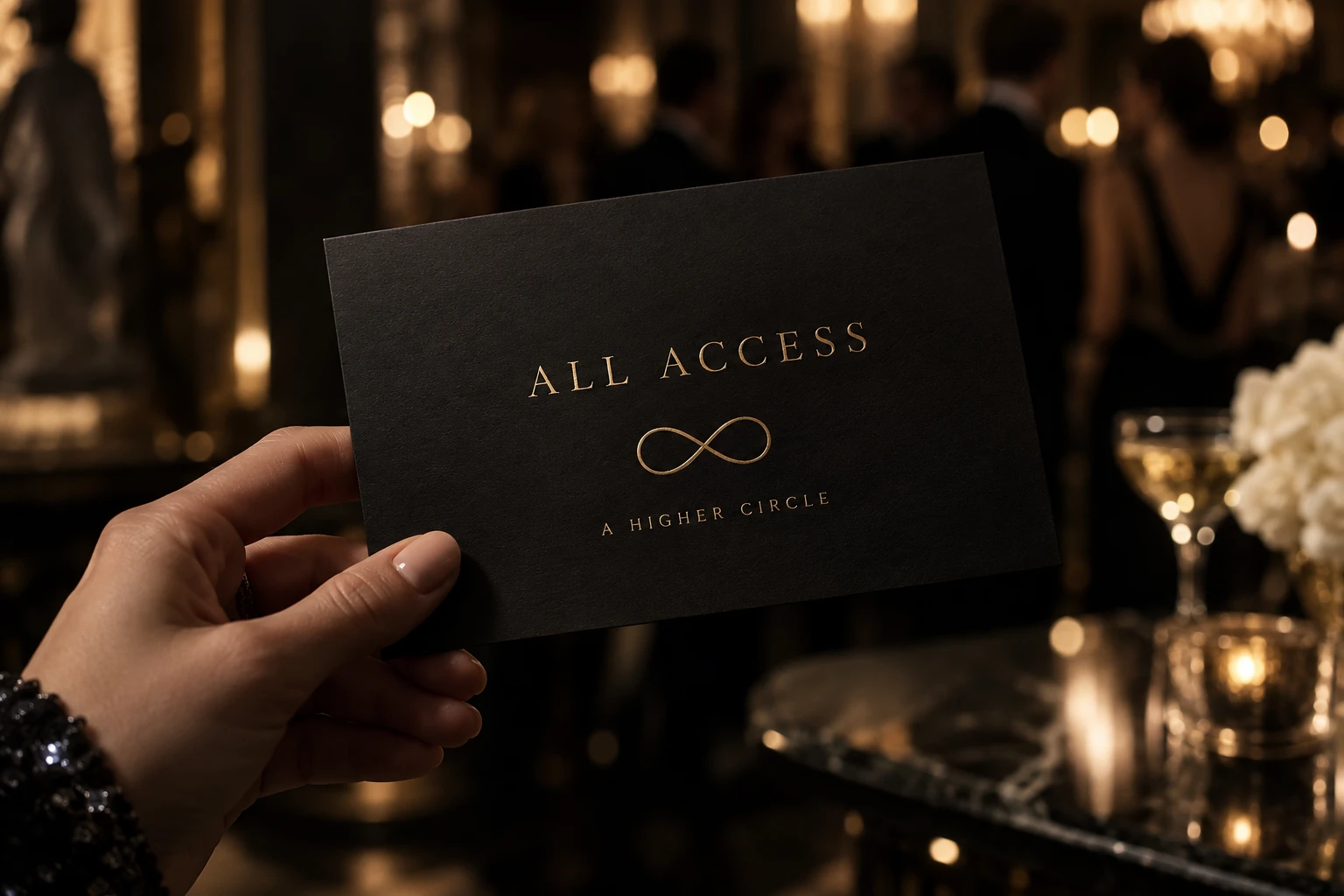 A black and gold All Access invitation